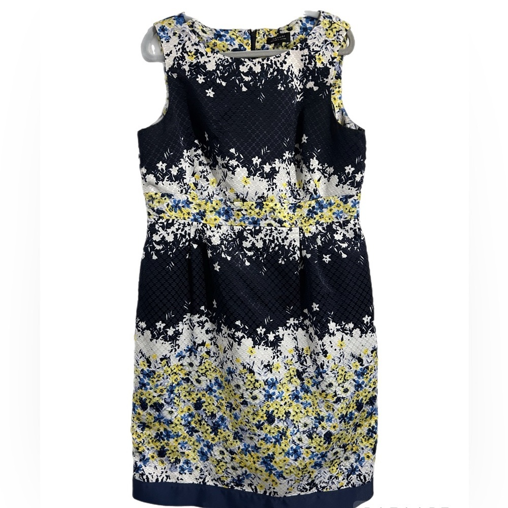 Vintage Tahari Size 16 Dark Blue, Yellow, and White Dress with Pockets